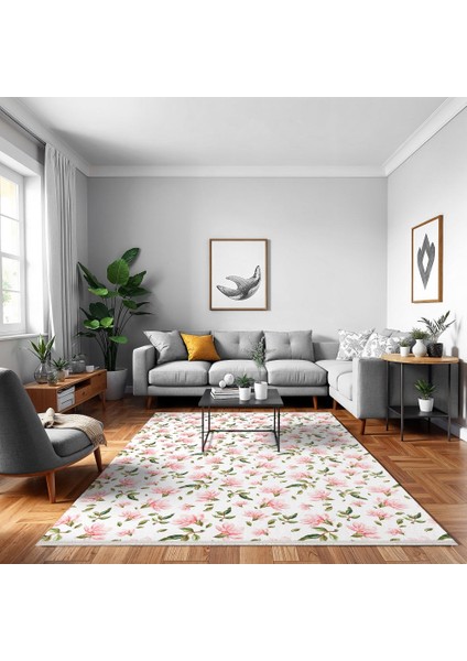 Çiçekli Pembe Pamuk Kare Modern Desenli Pamuk Makinada Yıkanabilir Hav Toz Vermez Leke Tutmayan Kaymaz Taban Dijital Makine Baskı Salon Yolluk Mutfak Halı modelleri