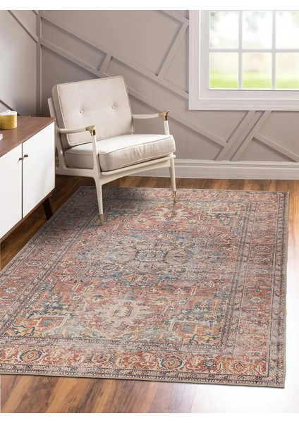 Pampelonne Eskitme Kırmızı Polyester Dikdörtgen Modern Desenli Pamuk Makinada Yıkanabilir Hav Toz Vermez Leke Tutmayan Kaymaz Taban Dijital Makine Baskı Salon Yolluk Mutfak Halı