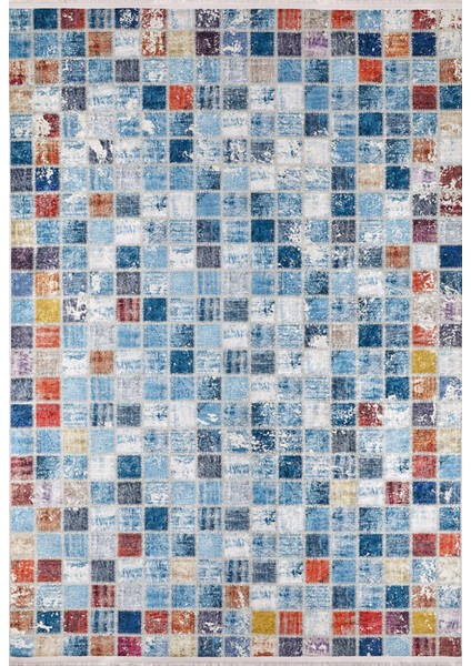 Tientsin Mavi Patchwork Etnik Modern Desenli Makinada Yıkanabilir Hav Toz Vermez Leke Tutmayan Kaymaz Taban Dijital Makine Baskı Salon Yolluk Mutfak Halı