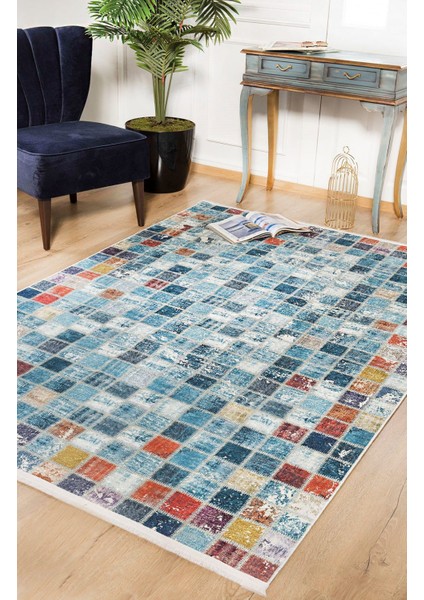 Tientsin Mavi Patchwork Etnik Modern Desenli Makinada Yıkanabilir Hav Toz Vermez Leke Tutmayan Kaymaz Taban Dijital Makine Baskı Salon Yolluk Mutfak Halı modelleri