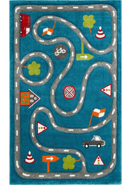 Lauterach Mavi Figürlü Etnik Modern Desenli Poliproplen Hav Vermeyen Leke Tutmayan Kolay Temizlenen Yumuşak Makine Salon Yolluk Mutfak Halı