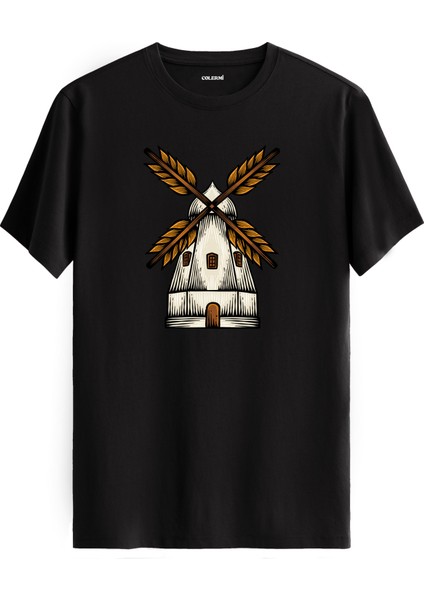 Yel Değirmeni Baskılı Sokak Modası Günlük Rahat Tarz %100 Pamuk Tişört