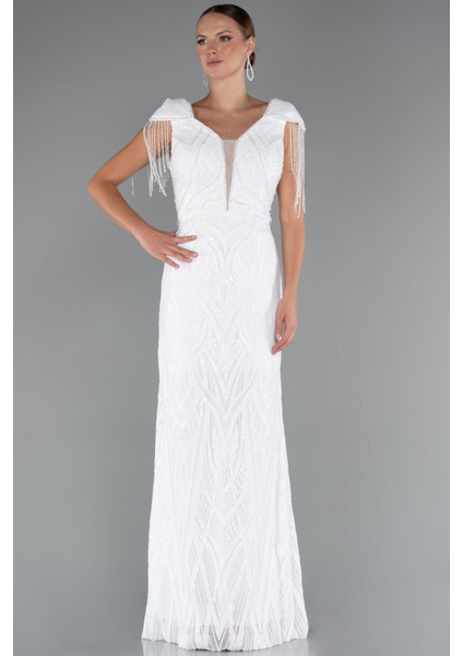 Kısa Kol V Yaka Uzun Pul Payet Büyük Beden Abiye ABU4821