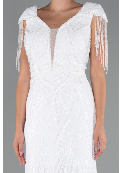 Kısa Kol V Yaka Uzun Pul Payet Büyük Beden Abiye ABU4821 modelleri