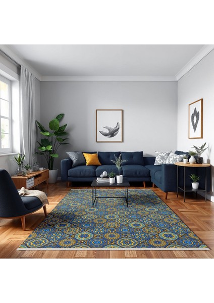 Geometrik Mavi Pamuk Dikdörtgen Modern Desenli Pamuk Makinada Yıkanabilir Hav Toz Vermez Leke Tutmayan Kaymaz Taban Dijital Makine Baskı Salon Yolluk Mutfak Halı modelleri