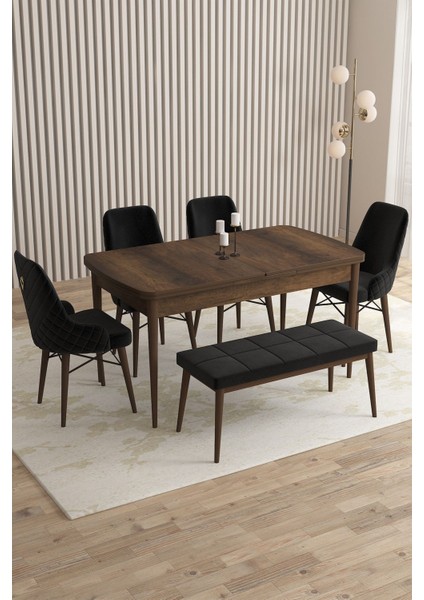 Mazaka Barok Desen 80X132 Açılabilir Mdf Masa Yemek Odası Takımı, Mutfak Takımı 4 Sandalye 1 Bench