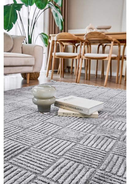 Gri Geometrik Etnik Modern Desenli Hav Vermeyen Leke Tutmayan Kolay Temizlenen Yumuşak Makine Salon Yolluk Mutfak Halı