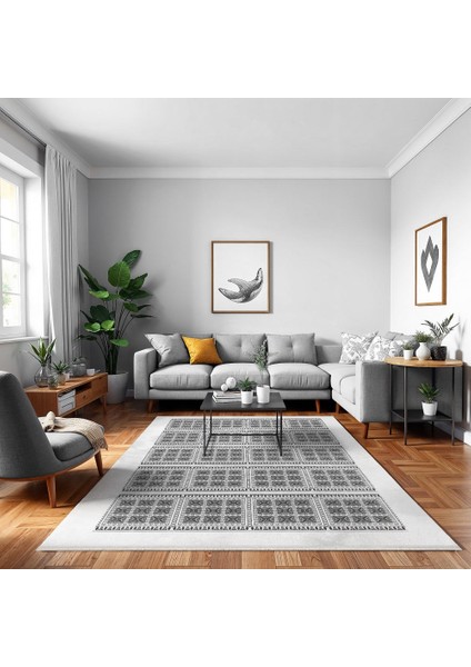 Geometrik Gri Pamuk Dikdörtgen Modern Desenli Pamuk Makinada Yıkanabilir Hav Toz Vermez Leke Tutmayan Kaymaz Taban Dijital Makine Baskı Salon Yolluk Mutfak Halı modelleri