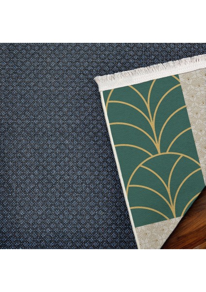 Çerçeveli Yeşil Pamuk Dikdörtgen Modern Desenli Pamuk Makinada Yıkanabilir Hav Toz Vermez Leke Tutmayan Kaymaz Taban Dijital Makine Baskı Salon Yolluk Mutfak Halı indirimleri