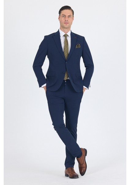 Lacivert Mono Yaka Yarım Astar 6 Drop Slim Fit Beli Lastikli Takım Elbise 1001250121