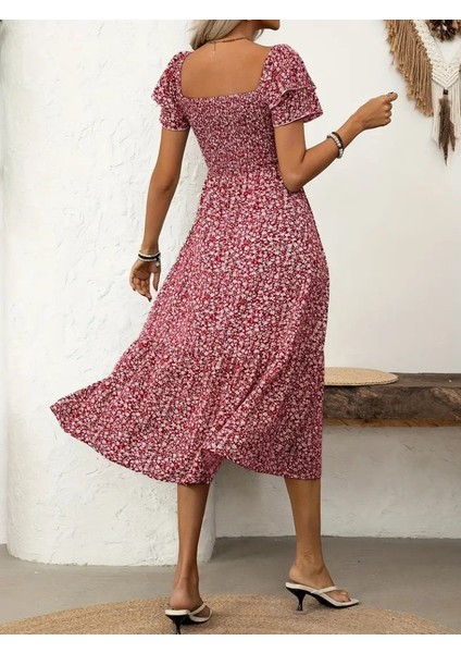 Kadın Kısa Kollu Gipe Detaylı Desenli Midi Süprem Elbise modelleri