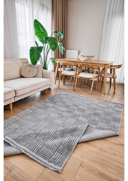 Gri Geometrik Etnik Modern Desenli Hav Vermeyen Leke Tutmayan Kolay Temizlenen Yumuşak Makine Salon Yolluk Mutfak Halı fırsatları