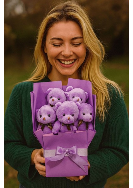 5’li Sevimli Mor Peluş Ayıcıklar Buketi Sevgiliye doğum Günü Özel Günler Için Romantik Sürprz hediye