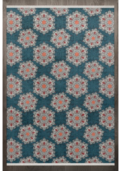 Geometrik Mavi Pamuk Dikdörtgen Modern Desenli Pamuk Makinada Yıkanabilir Hav Toz Vermez Leke Tutmayan Kaymaz Taban Dijital Makine Baskı Salon Yolluk Mutfak Halı