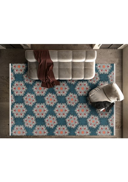 Geometrik Mavi Pamuk Dikdörtgen Modern Desenli Pamuk Makinada Yıkanabilir Hav Toz Vermez Leke Tutmayan Kaymaz Taban Dijital Makine Baskı Salon Yolluk Mutfak Halı fiyatları