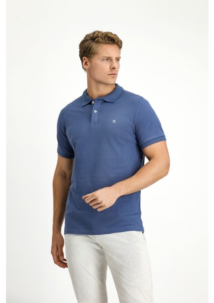 Polo Yaka Slim Fit Dar Kesim Nakışlı Pamuk Tişört