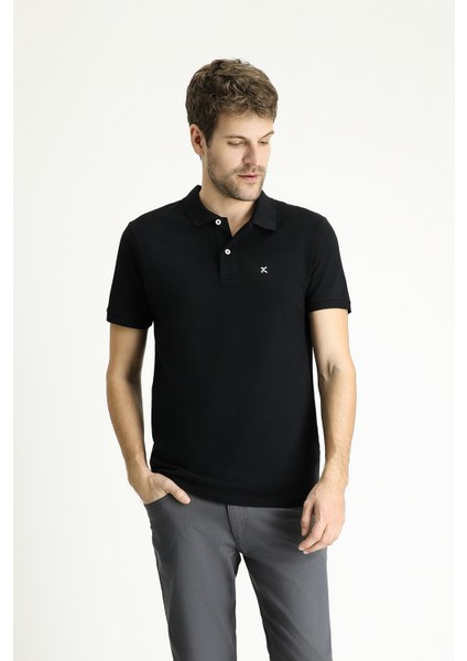 Polo Yaka Slim Fit Dar Kesim Nakışlı Pamuk Tişört