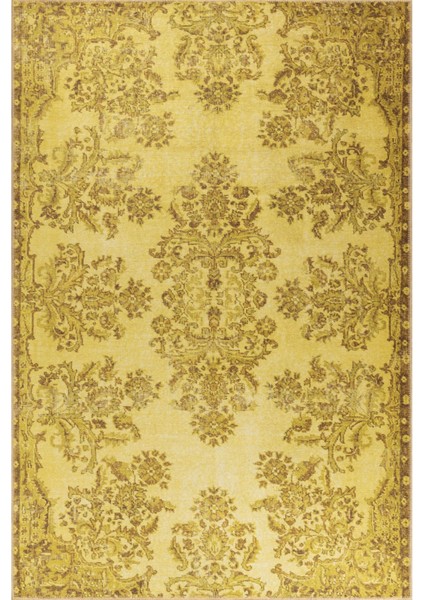 Perth Klasik Sarı Polyester Daire Modern Desenli Pamuk Makinada Yıkanabilir Hav Toz Vermez Leke Tutmayan Kaymaz Taban Dijital Makine Baskı Salon Yolluk Mutfak Halı