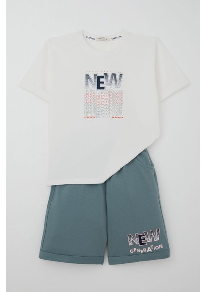 Erkek Çocuk Şortlu Takım Yazı Baskılı Cepli 8-14 Yaş, Ekru