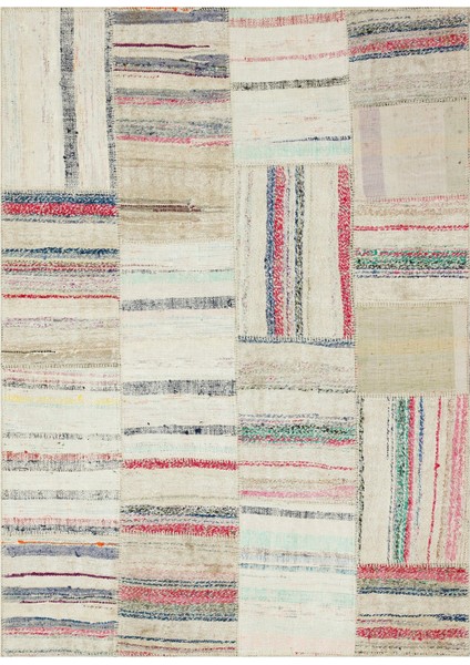 Iskece Bej Patchwork Yün Modern Desenli Yün Hav Toz Vermez Leke Tutmayan Salon Yolluk Mutfak El Dokuma Halı