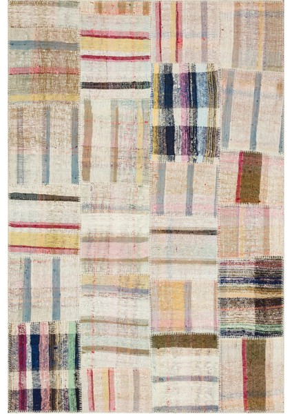 Iskece Bej Patchwork Yün Modern Desenli Yün Hav Toz Vermez Leke Tutmayan Salon Yolluk Mutfak El Dokuma Halı