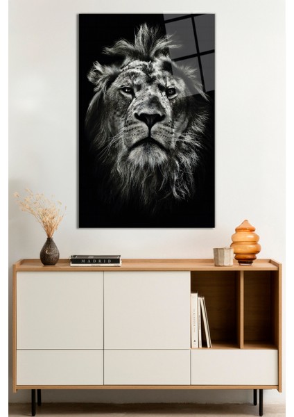 Aslan Portresi Vahşi Doğa Manzarası Cam Tablo, Darbelere Dayanıklı Kırılmaz Cam, Hediyelik