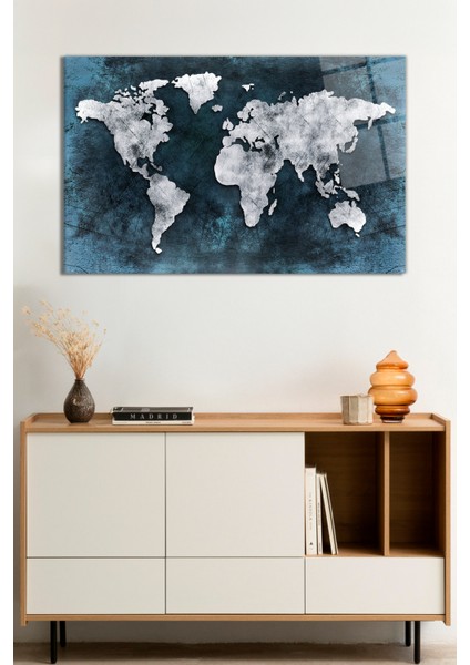 Eskitme Soyut Detaysız Dünya Haritası Cam Tablo, Darbelere Dayanıklı Kırılmaz Cam, Hediyelik