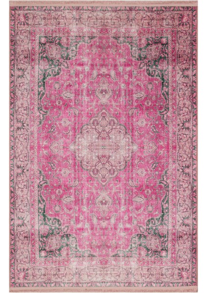 Drom Dokuma Taban Makinede Yıkanabilen Kilim Kaymaz Şönil Halı Vintage Desenli Pembe Halı