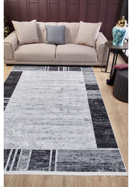 Muradabad Gri Çerçeveli Etnik Modern Desenli Makinada Yıkanabilir Hav Toz Vermez Leke Tutmayan Kaymaz Taban Dijital Makine Baskı Salon Yolluk Mutfak Halı indirimleri