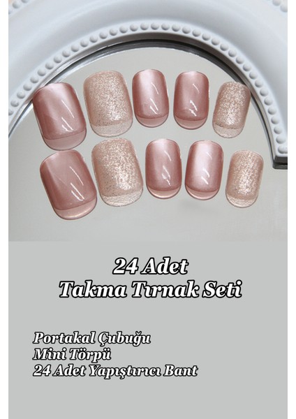 Pembe Simli 24 Adet Kedi Gözü Protez Takma Tırnak Seti Kısa Tırnak Küt Model MY150 modelleri
