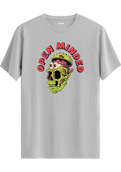 Open Minded Kafatası Baskılı Tişört %100 Pamuk Sokak Modası Tshirt