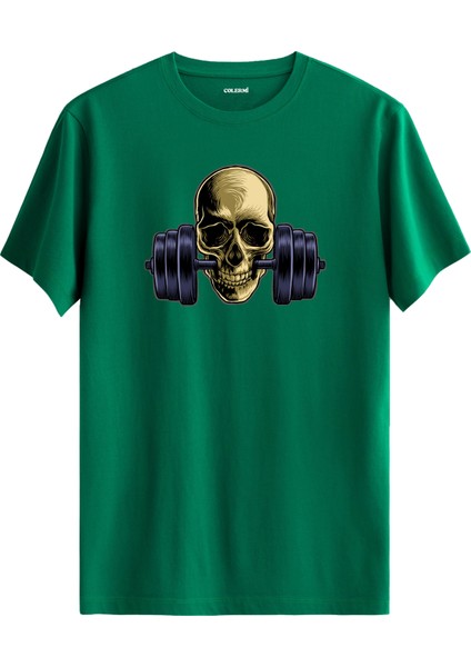 Dumbbell Kurukafa Baskılı Spor ve Sokak Modası %100 Pamuk Tişört