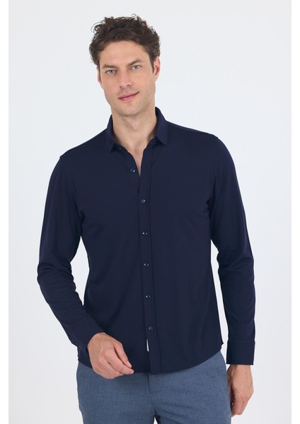Koyu Lacivert Uzun Kol Düz Örme Polo Yaka Cepsiz Esnek Classic Slim Fit Gömlek 1004250153_200