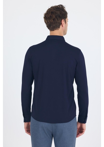 Koyu Lacivert Uzun Kol Düz Örme Polo Yaka Cepsiz Esnek Classic Slim Fit Gömlek 1004250153_200 indirimleri