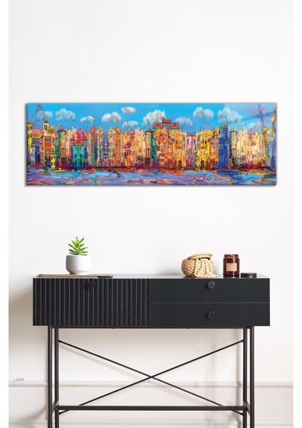 Yağlı Boya Görünümlü Evler Sanat Panoramik Cam Tablo, Darbelere Dayanıklı Kırılmaz Cam, Hediyelik