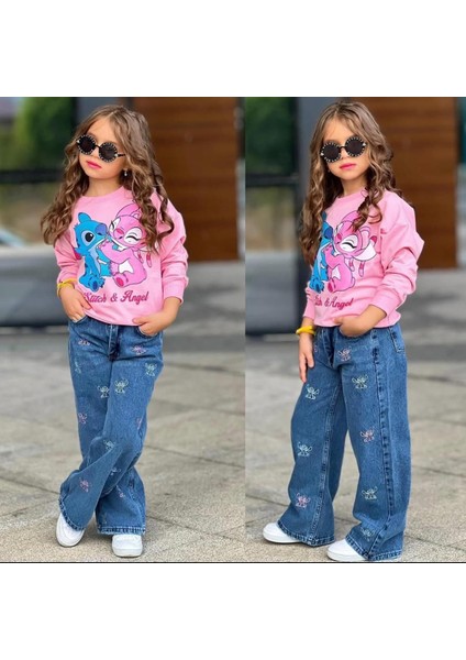 Kız Çocuk Stıtch Kot Pantolonlu Alt Üst Takım 2587 P fırsatları