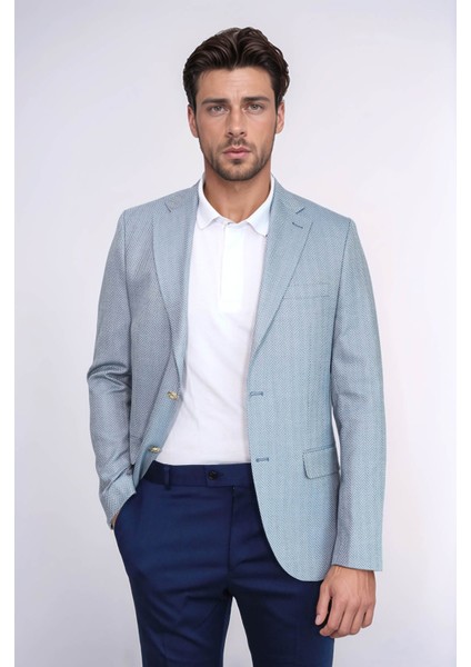Açık Mavi Balıksırtı Desenli Gold Renk Metal Düğmeli Slim Fit Erkek Blazer Ceket - Wessi