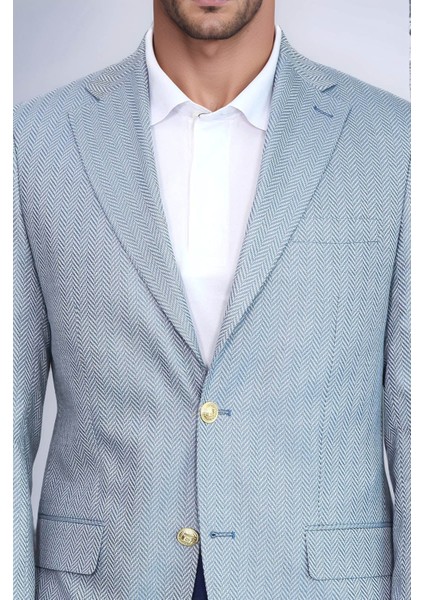 Açık Mavi Balıksırtı Desenli Gold Renk Metal Düğmeli Slim Fit Erkek Blazer Ceket - Wessi fiyatları