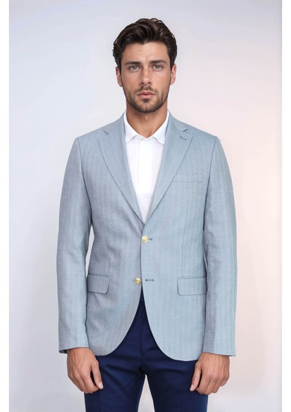 Açık Mavi Balıksırtı Desenli Gold Renk Metal Düğmeli Slim Fit Erkek Blazer Ceket - Wessi modelleri