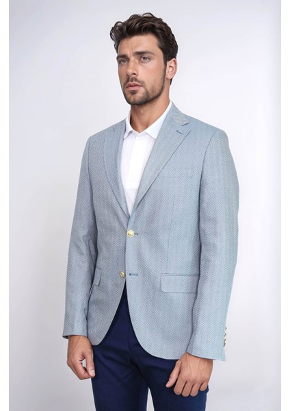 Açık Mavi Balıksırtı Desenli Gold Renk Metal Düğmeli Slim Fit Erkek Blazer Ceket - Wessi fırsatları
