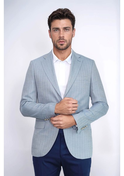 Açık Mavi Balıksırtı Desenli Gold Renk Metal Düğmeli Slim Fit Erkek Blazer Ceket - Wessi