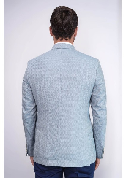Açık Mavi Balıksırtı Desenli Gold Renk Metal Düğmeli Slim Fit Erkek Blazer Ceket - Wessi