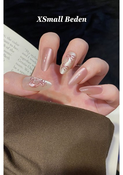 Xsmall Beden Uzun Badem Pembe Kalp Desenli 10 Adet Takma Tırnak Seti T104