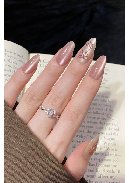 Xsmall Beden Uzun Badem Pembe Kalp Desenli 10 Adet Takma Tırnak Seti T104 modelleri