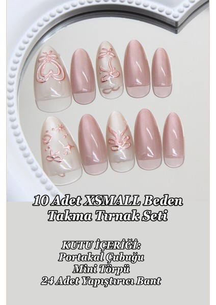 Xsmall Beden Uzun Badem Pembe Kalp Desenli 10 Adet Takma Tırnak Seti T104 fırsatları