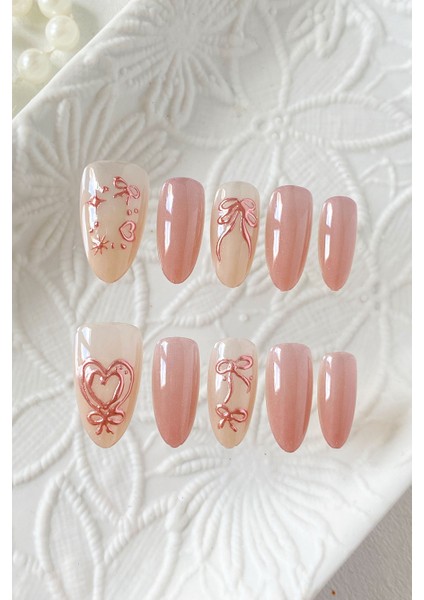 Xsmall Beden Uzun Badem Pembe Kalp Desenli 10 Adet Takma Tırnak Seti T104