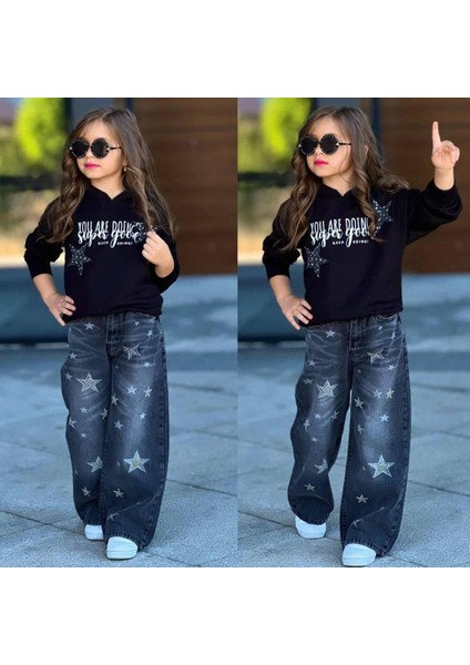 Kız Çocuk (Ayarlanabilir Bel) Yıldız Baskılı Sweatshirt ve Geniş Paça Jean Takım 2612K fiyatları