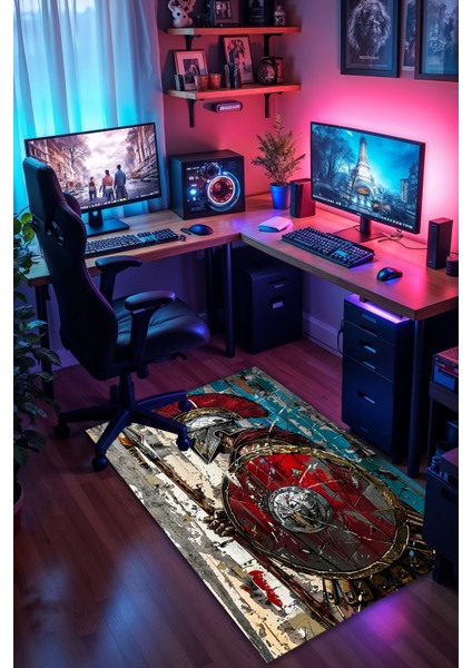 Spartalı Desenli Kaymaz Taban Makinede Yıkanabilir Gaming Oyuncu Gamer Genç Odası Halısı modelleri
