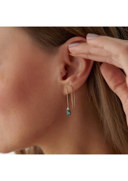 Yeşil Taşlı Zincir Sallantılı Küpe