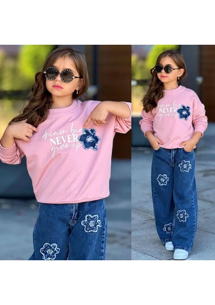 Kız Çocuk (Ayarlanabilir Bel) Sweat & Çiçek Nakışlı Kot Pantolon Takım 2610P fiyatları